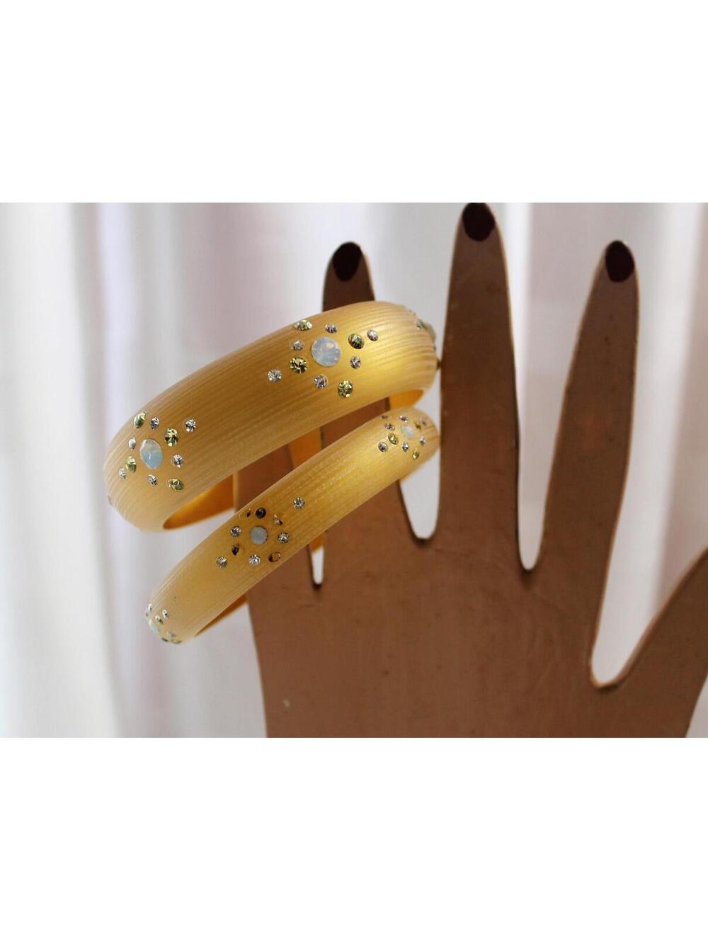 Set of 2 Vintage Beige Plastic Bangle Bracelets With Rhinestones, AS IS